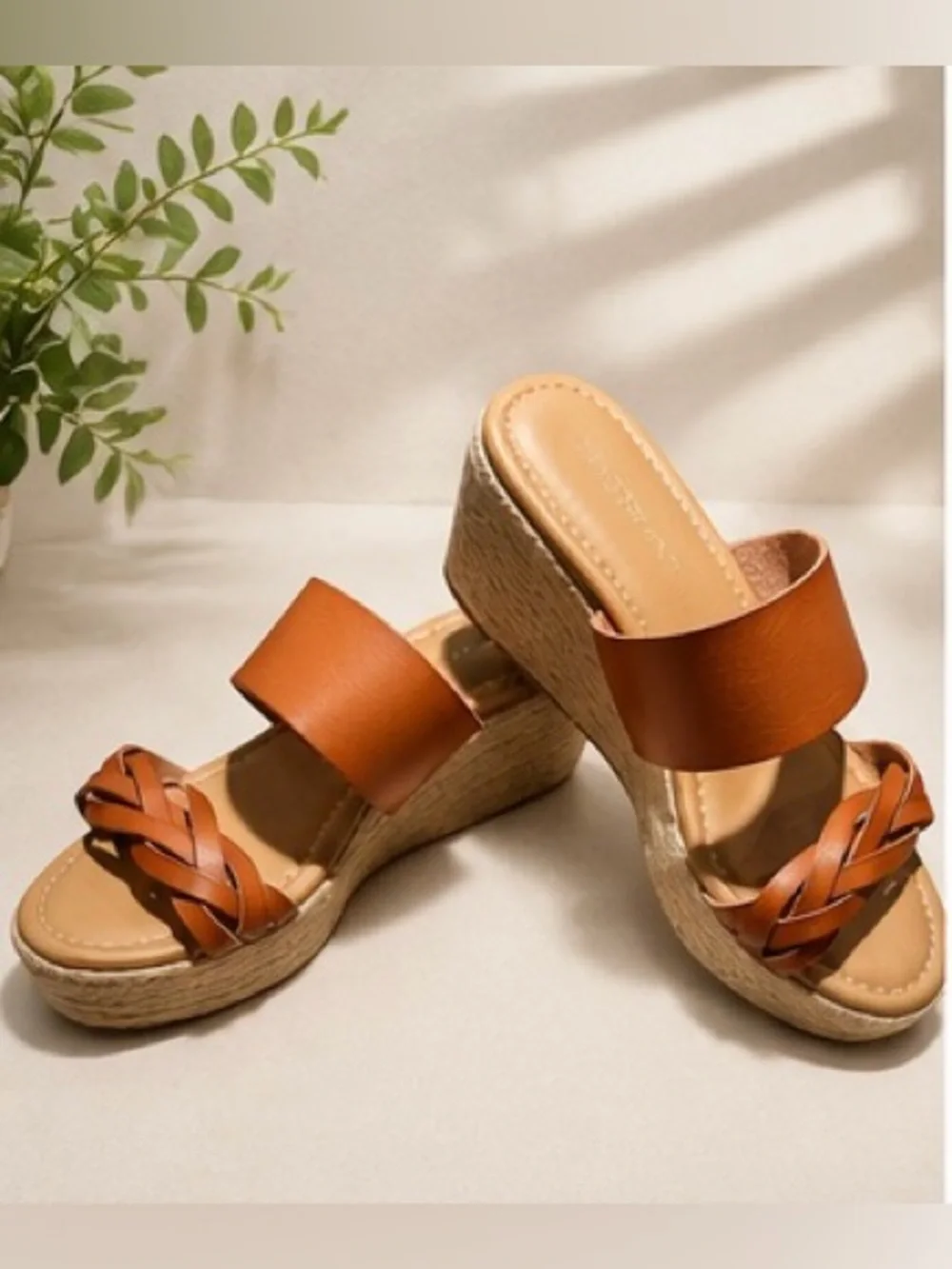Lane Bryant 8W Wide Width Cognac Brown Espadrille Wedge Slide Sandals